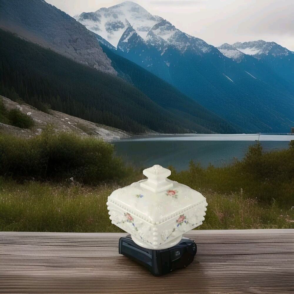 Westmoreland Milk Glass Covered Candy Dish Hand Painted Rose Pattern Paneled